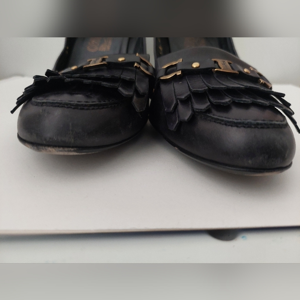 Salvatore Ferragamo Black Heeled Loafers with Gold Accents - Picture 6 of 7